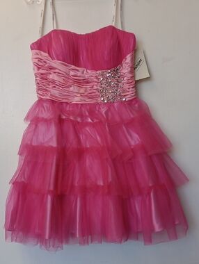 Vintage Women's Partytime Hot Pink Tiered Tulle Party Dress with Studded Waist